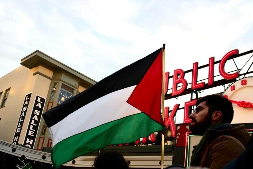 Khalid at the protest in Pike Place Market, Seattle, on December 16, 2023.